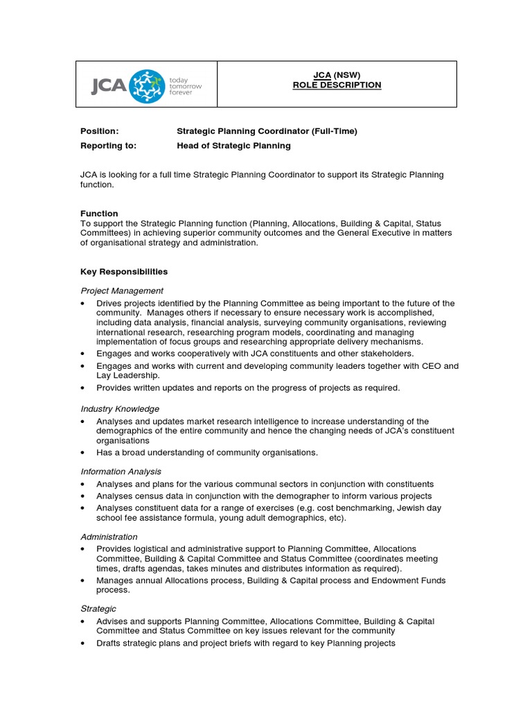 Strategic Planning Coordinator Job Description Strategic Planning