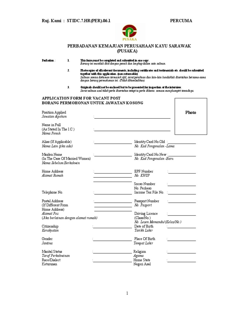 Borang Pemohonan Jawatan Kosong Pusaka Pdf