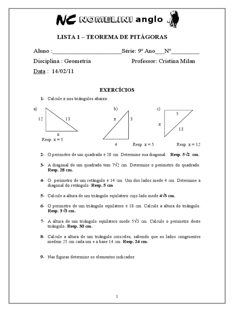 Exercícios resolvidos sobre o Teorema de Pitágoras e propriedades de ...