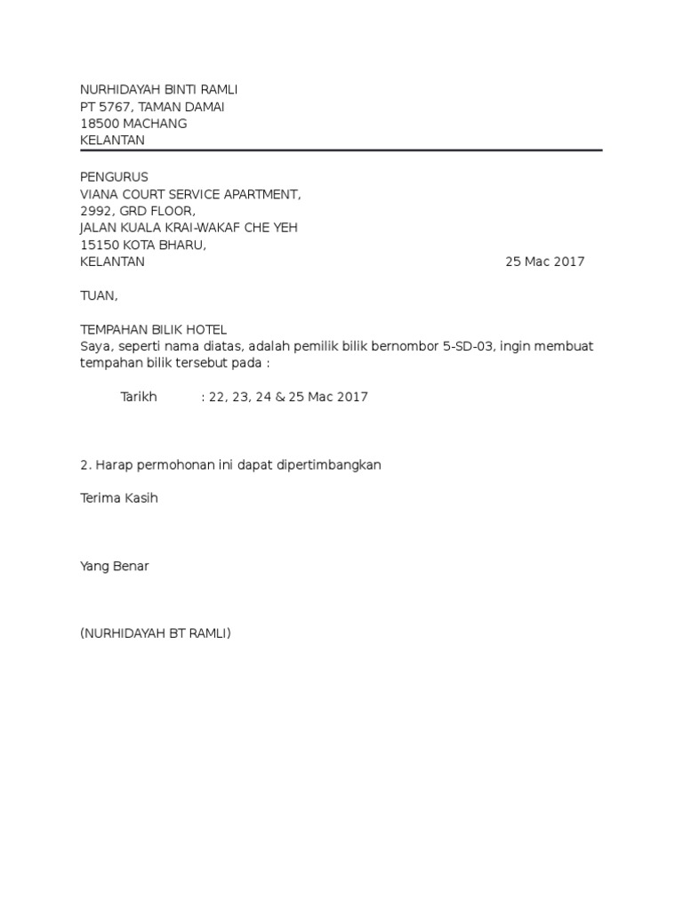 Surat Mohon Tempahan Hotel Viana