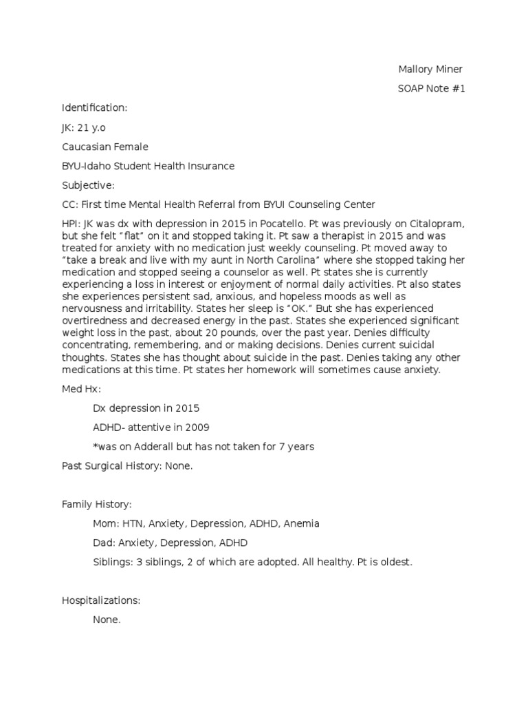 Soap Note 1 Mminer Final 2 2 17 Major Depressive Disorder Anemia