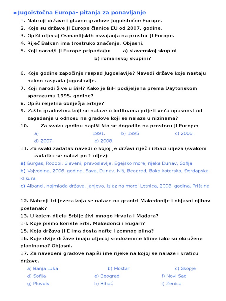 Jugoistocna Europa - Pitanja Za Ponavljanje