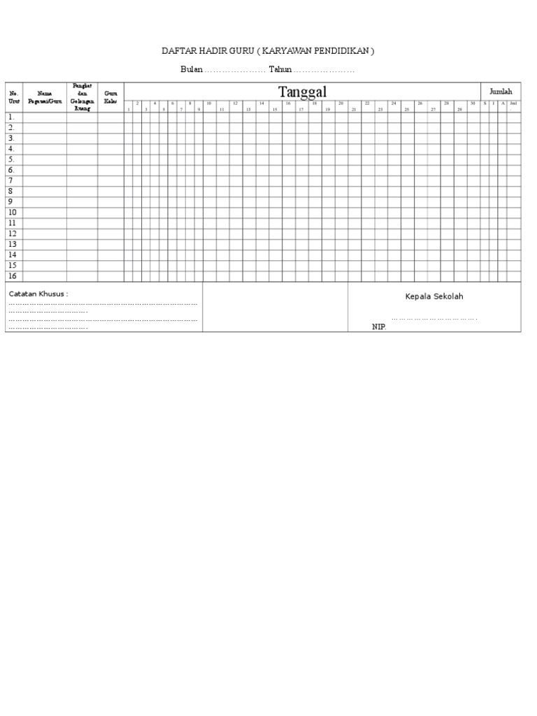 Format Daftar Hadir Guru Di Sekolah