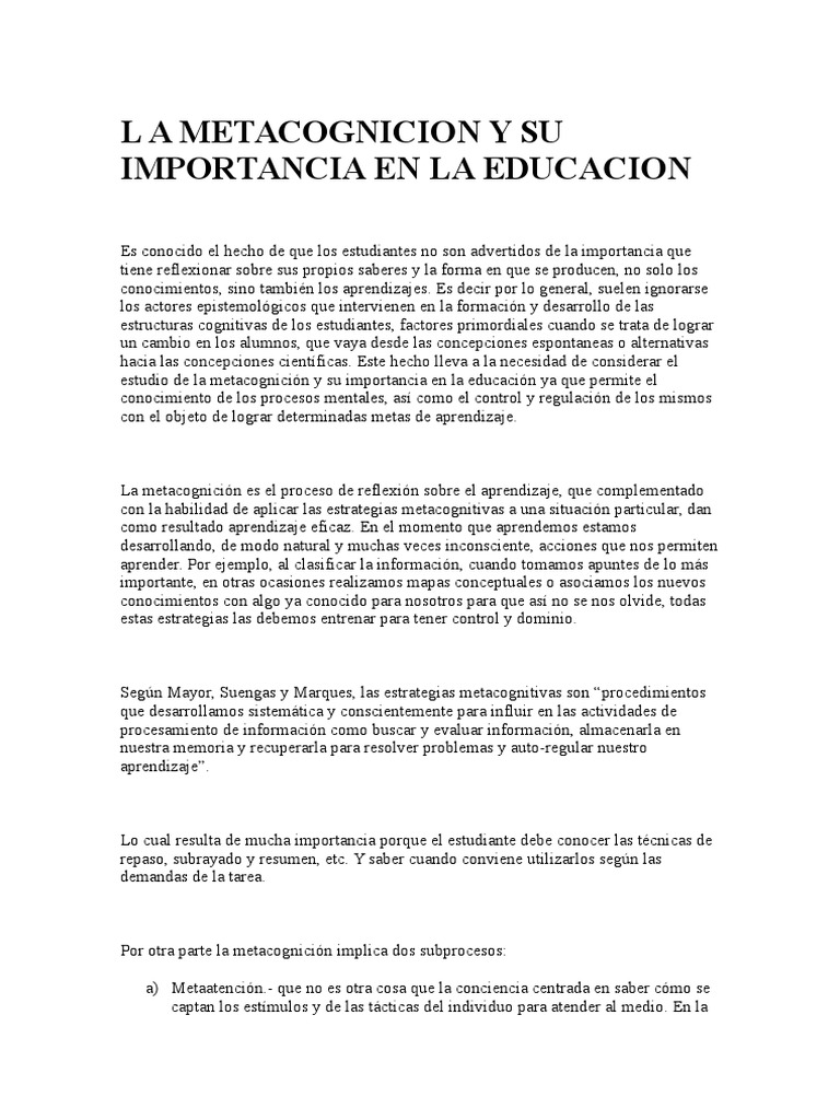 Metacognición en la Educación: Clave del Aprendizaje | PDF | Teoria de ...