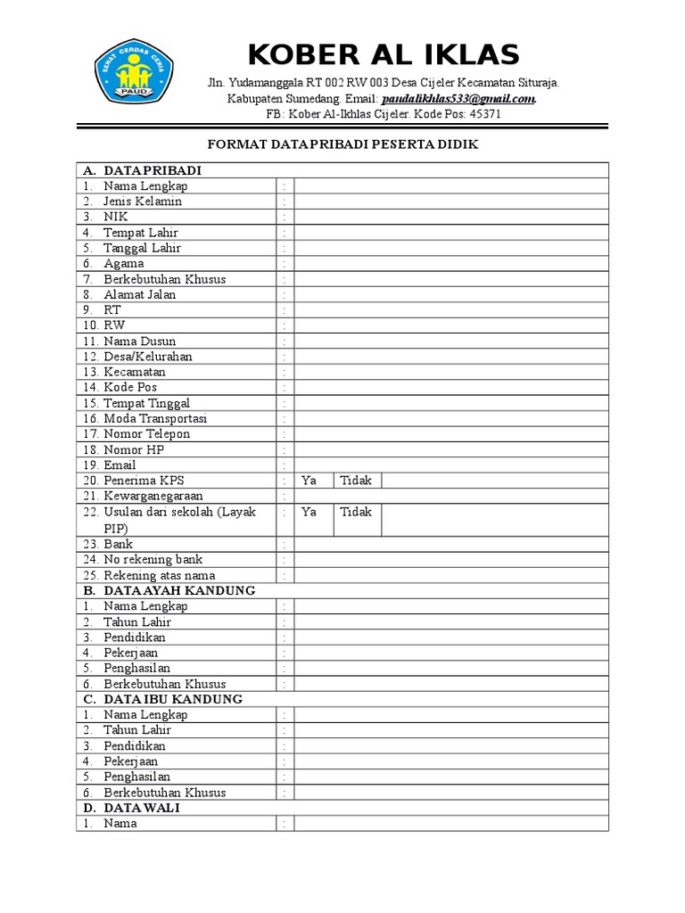 Contoh Format Data Pribadi Peserta Didik Lembaga Pendidikan Anak Usia Dini Paud