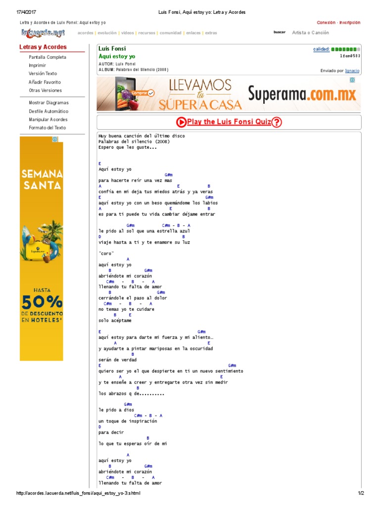 Luis Fonsi, Aquí Estoy Yo_ Letra y Acordes