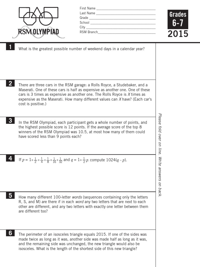 RSM Math Olympiad Problems for Grades 6-7 | PDF | Number Theory ...