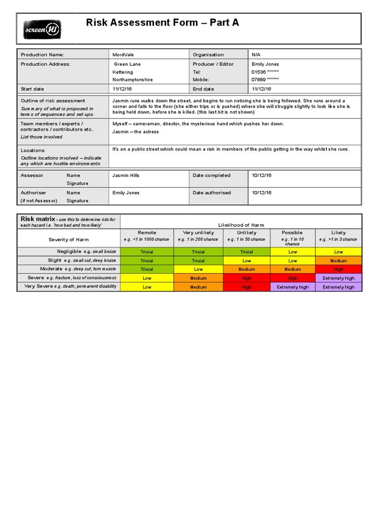 Risk Assessment Form - Part A | Download Free PDF | Risk Assessment | Risk