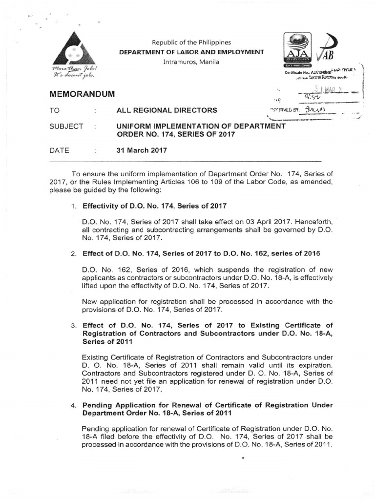 Memo on Uniform Implementation of DO 174 Civil Law (Legal System