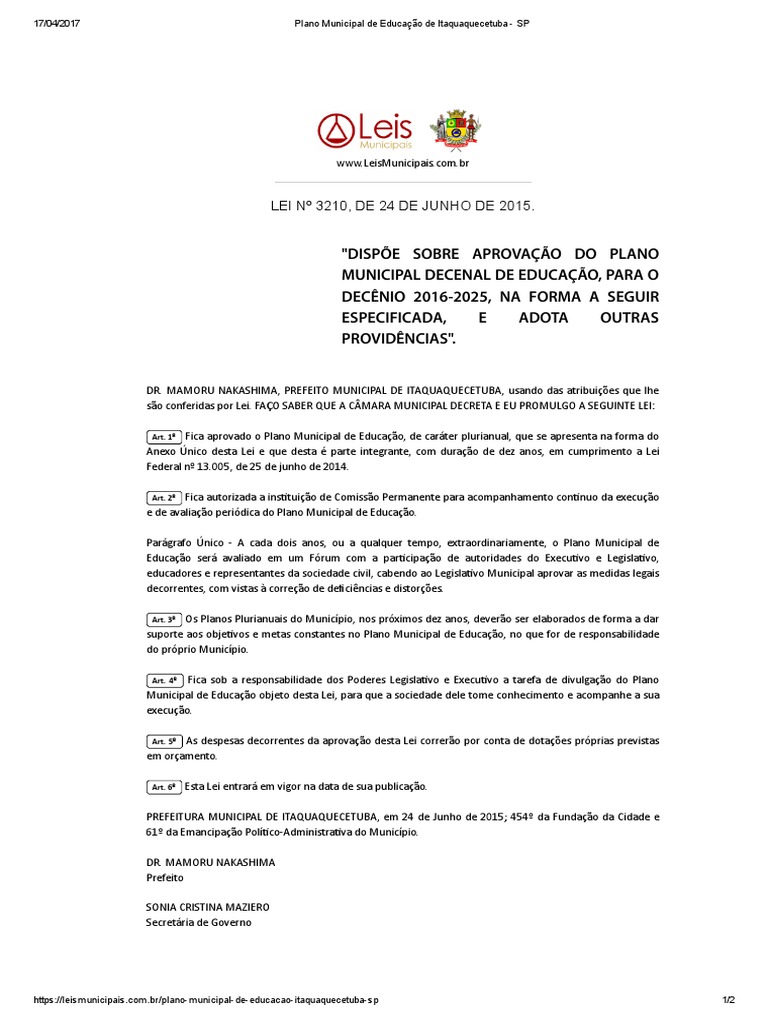 Plano Municipal de Educação de Itaquaquecetuba, PDF, Índice de  desenvolvimento humano