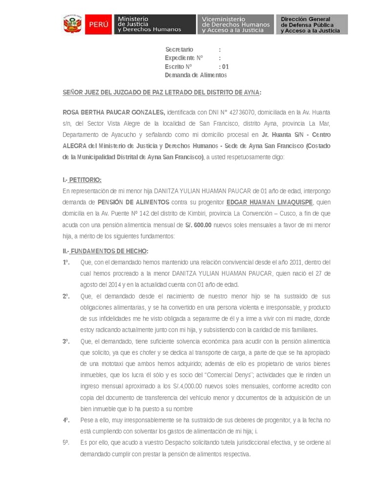 modelo de demanda de alimentos peru Manutención de los hijos Gobierno