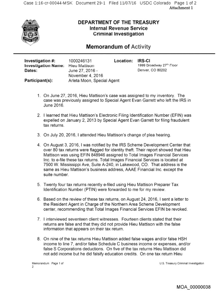 Department of The Treasury IRS Memo For Hieu Mattison Economy Of The
