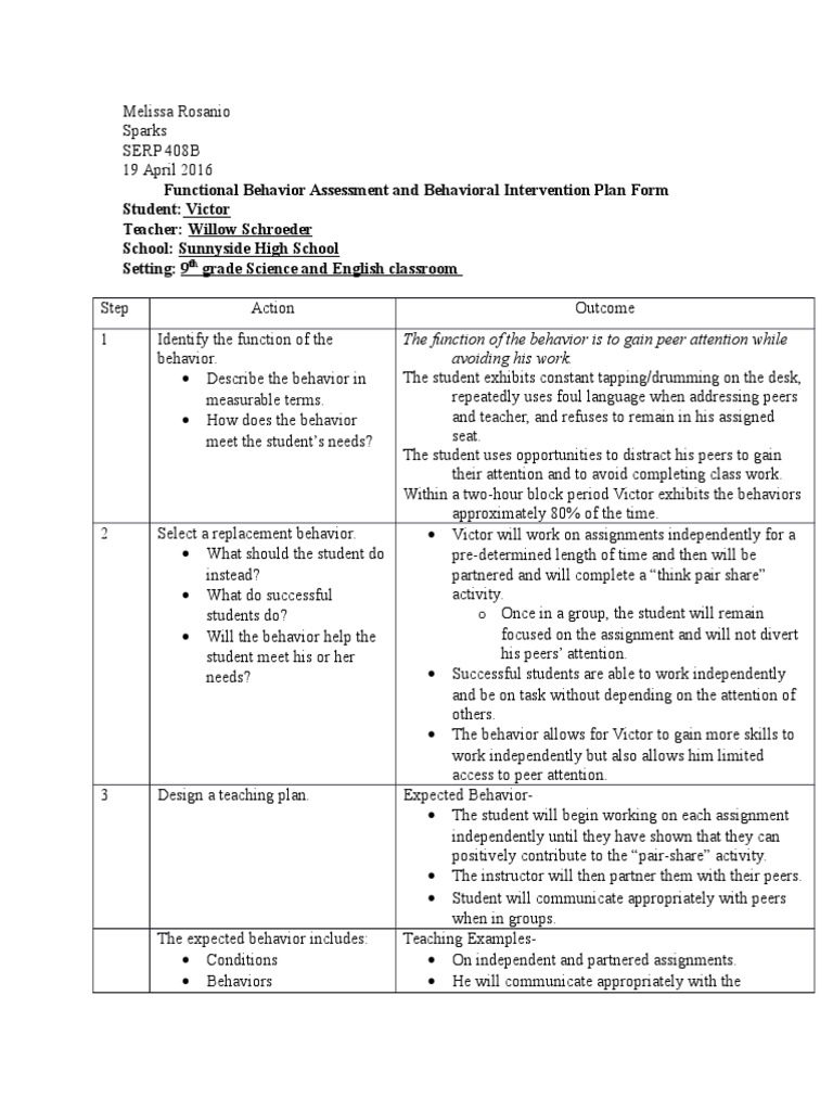 Behavior Intervention Plan for Victor | PDF | Classroom | Teachers