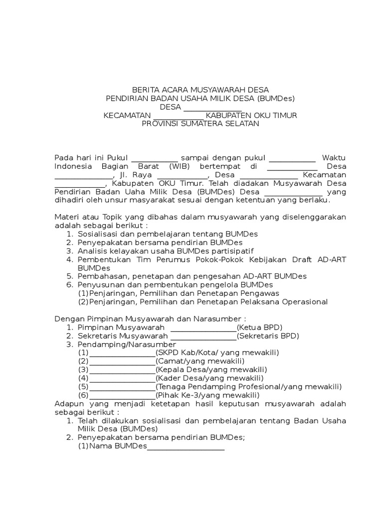 Berita Acara Musyawarah Desa Pendirian