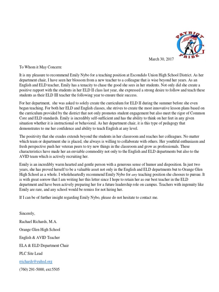 Letter of Rec - Department Chair 1 | PDF | Teachers | Curriculum