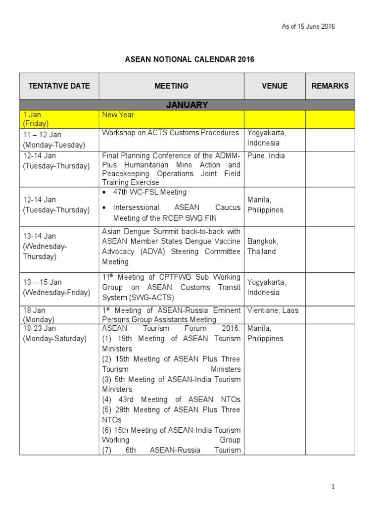 ASEAN Notional Calendar 2016As of 15 June 2016 PDF Asean Free