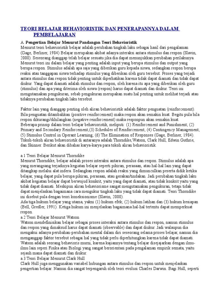 Teori Belajar Behavioristik Dan Penerapannya Dalam  