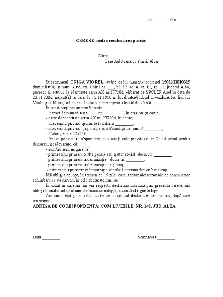 Model Cerere Recalculare Pensie Acord Global Cerere Recalc Pensie | PDF