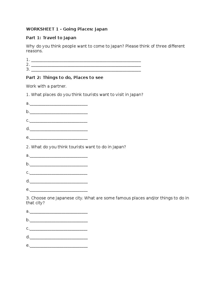 WORKSHEET 1 - Going Places: Japan Part 1: Travel To Japan | PDF
