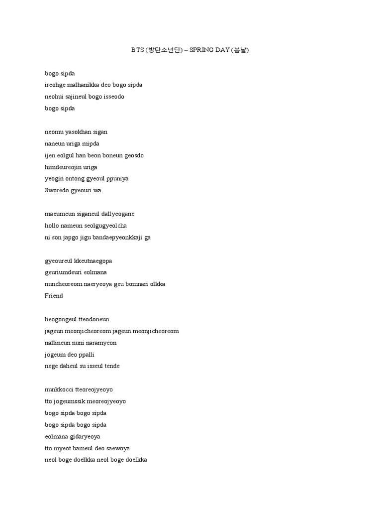 Lirik Lagu Spring Day Bts Dan Terjemah