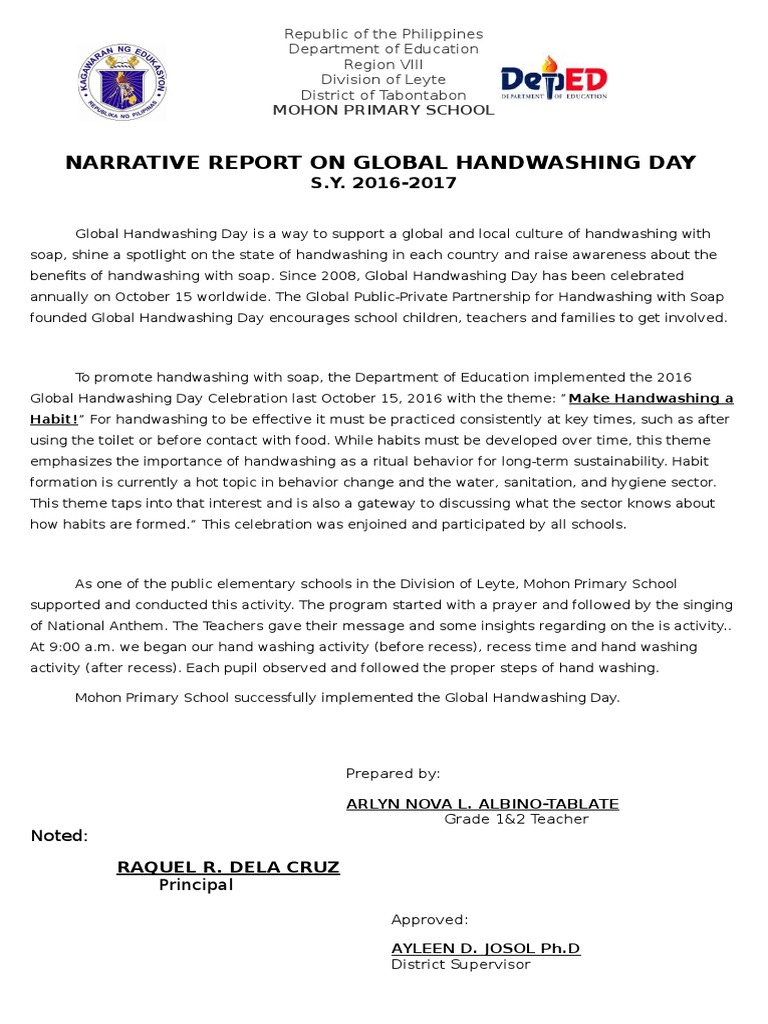Global Hand Washing Day Narrative Report Hand Washing Sanitation