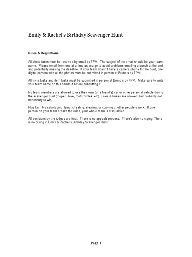 Emily & Rachel's Birthday Scavenger Hunt Rules & Regulations PDF