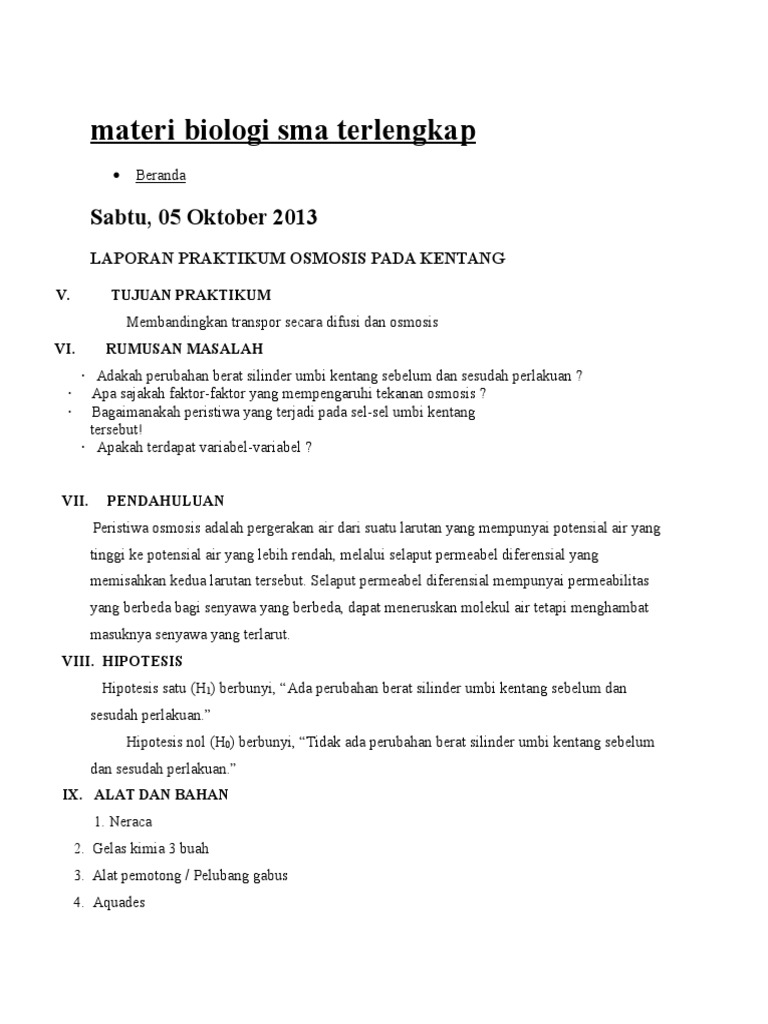 Laporan Biologi Osmosis Kentang