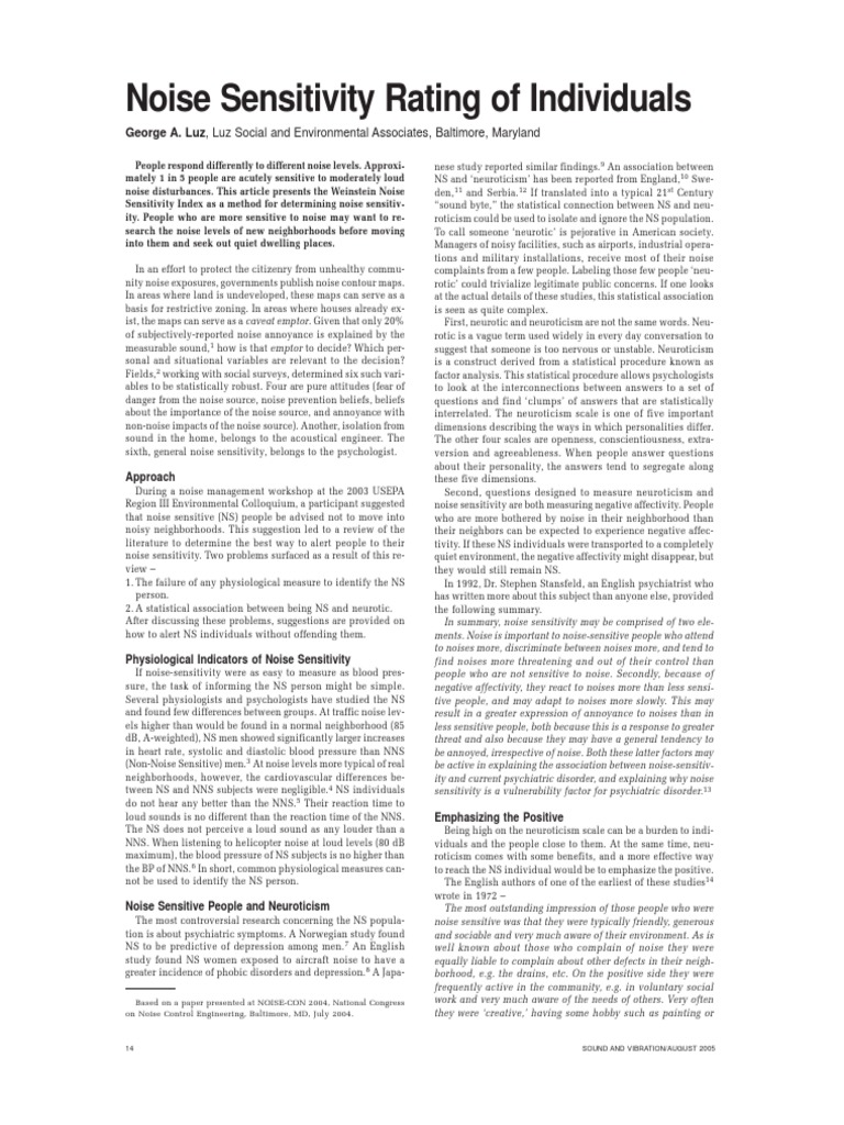Noise Sensitivity Rating of Individuals Noise Affect (Psychology)