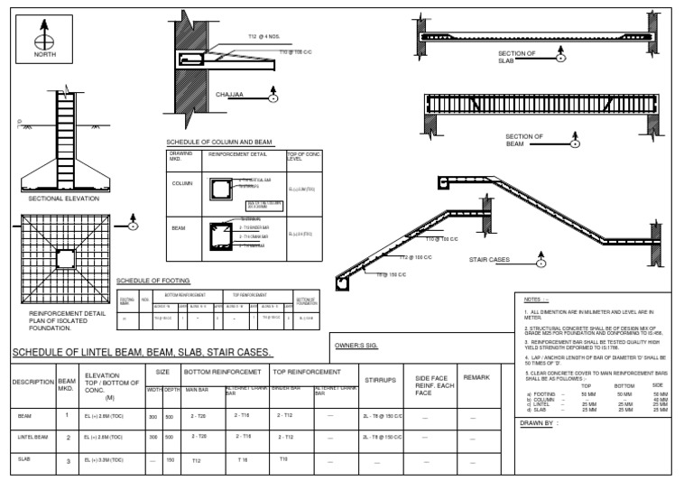 Schedule Of Lintel Beam, Beam, Slab, Stair Cases. 4 T16 Vertical Bar