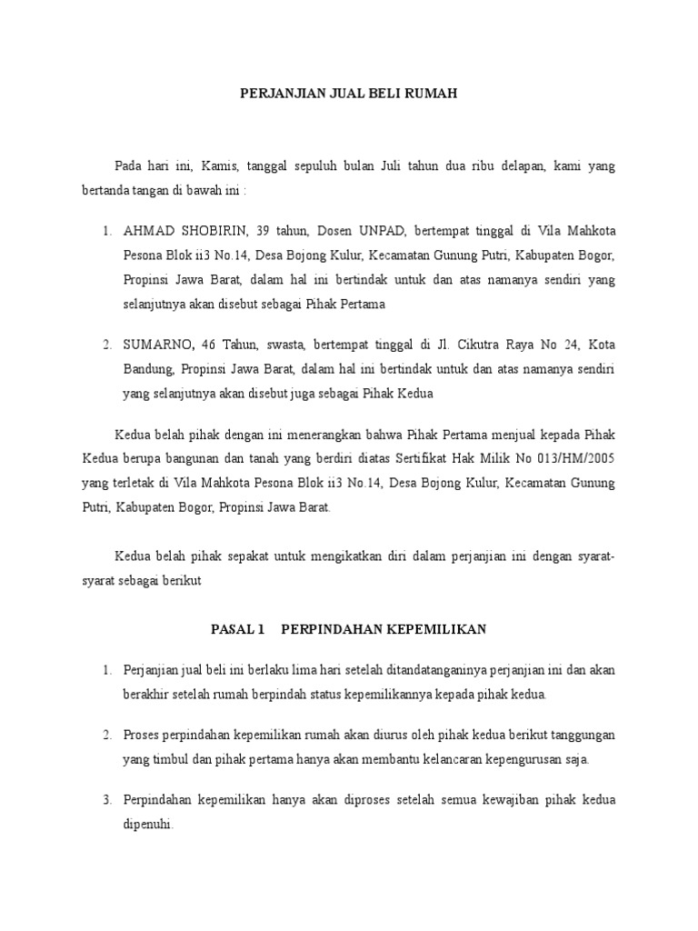 Perjanjian Jual Beli Rumah