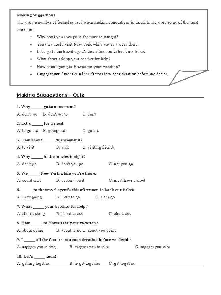 Making Suggestions QUIZ PDF