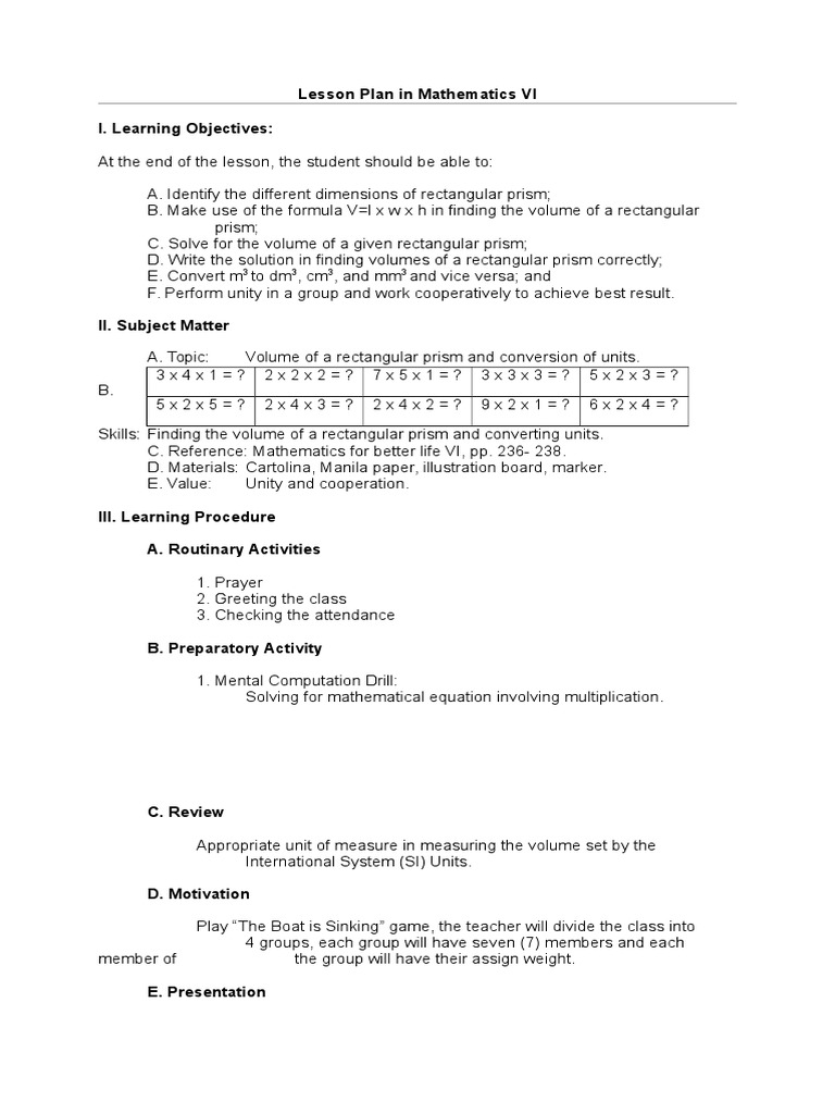 Lesson Plan in Mathematics VI | PDF | Lesson Plan | Volume