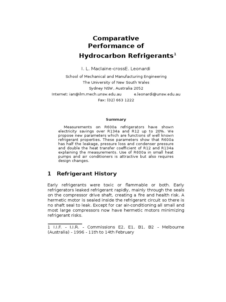 Hydrocarbon Refrigerants Comparision PDF Chlorofluorocarbon Heat