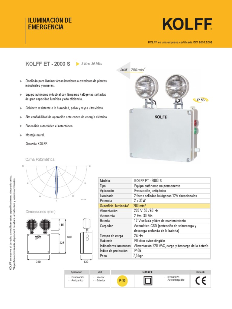 Iluminación de Emergencia Kolff Et 2000 S PDF Batería