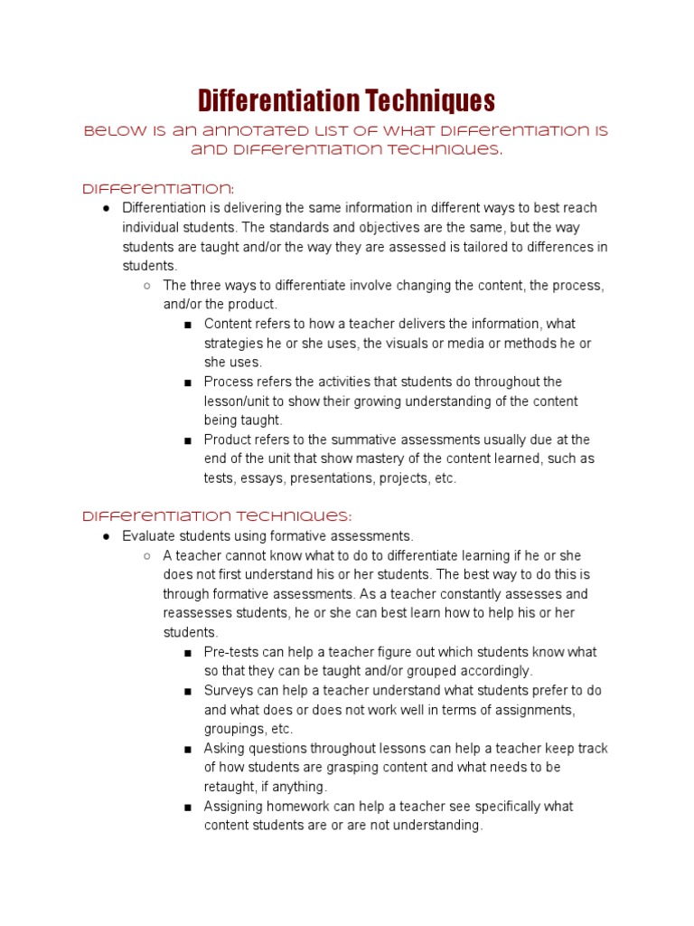 Differentiation Techniques for Educators | PDF | Differentiated ...