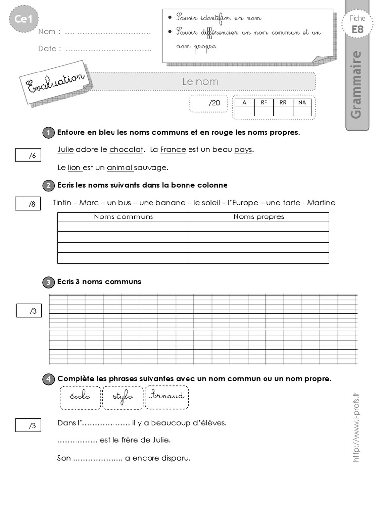 évaluation Nom Propre Nom Commun Ce1 Pdf Ce1 Evaluation Nom | PDF | Agriculture