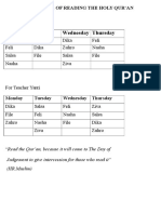 Schedule of Reading The Holy Qur'An