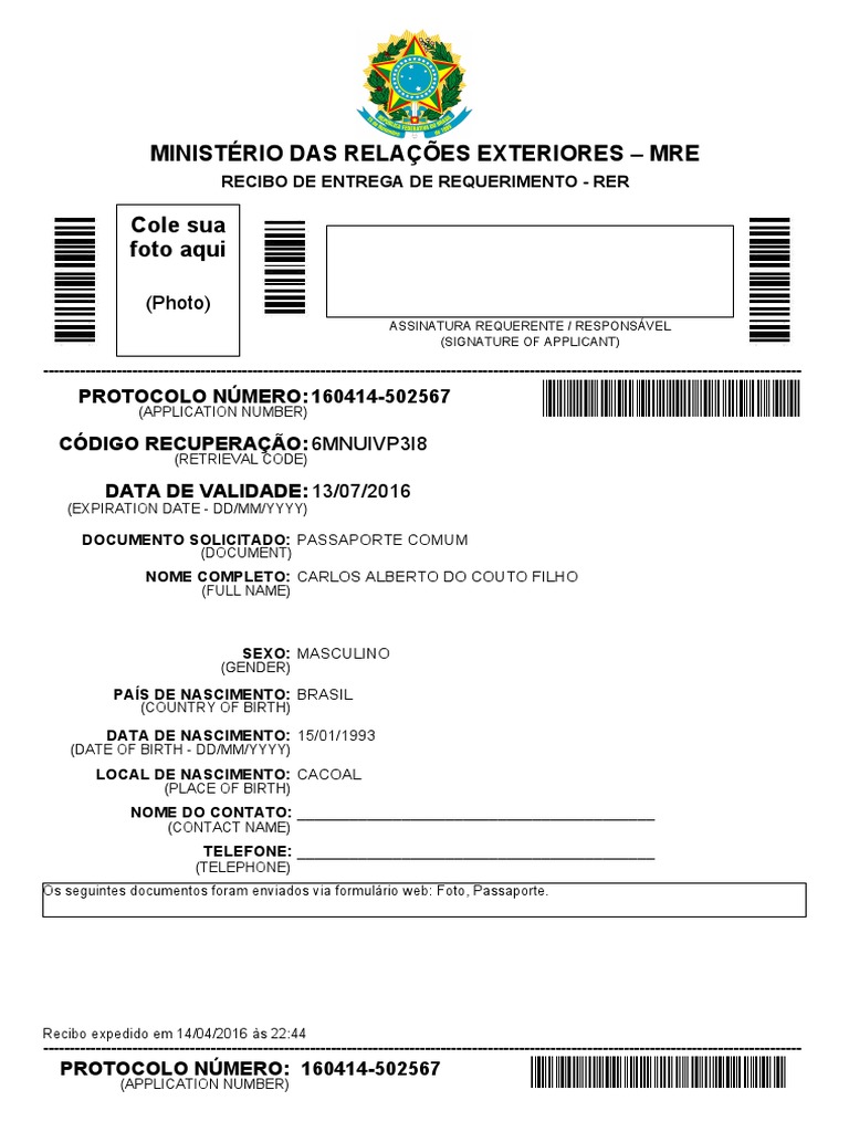 Recibo de Requerimento de Passaporte MRE | PDF | Negócios | Finanças e  Administração de Capital, image size:768x1024