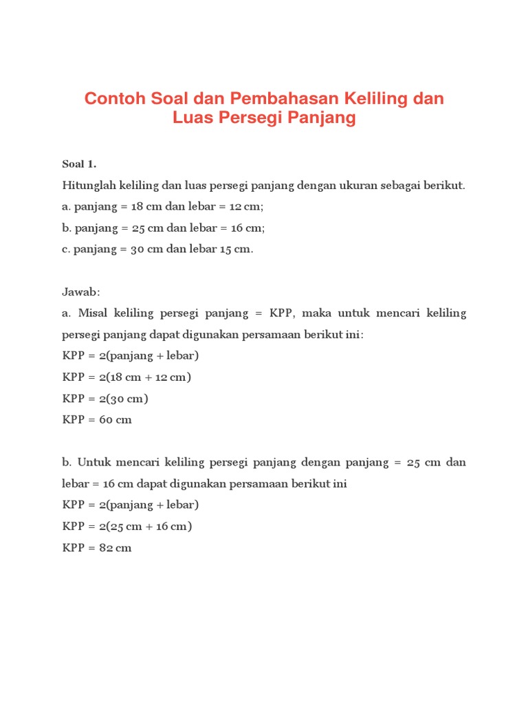 Contoh Soal Dan Pembahasan Keliling Dan Luas Persegi Panjang