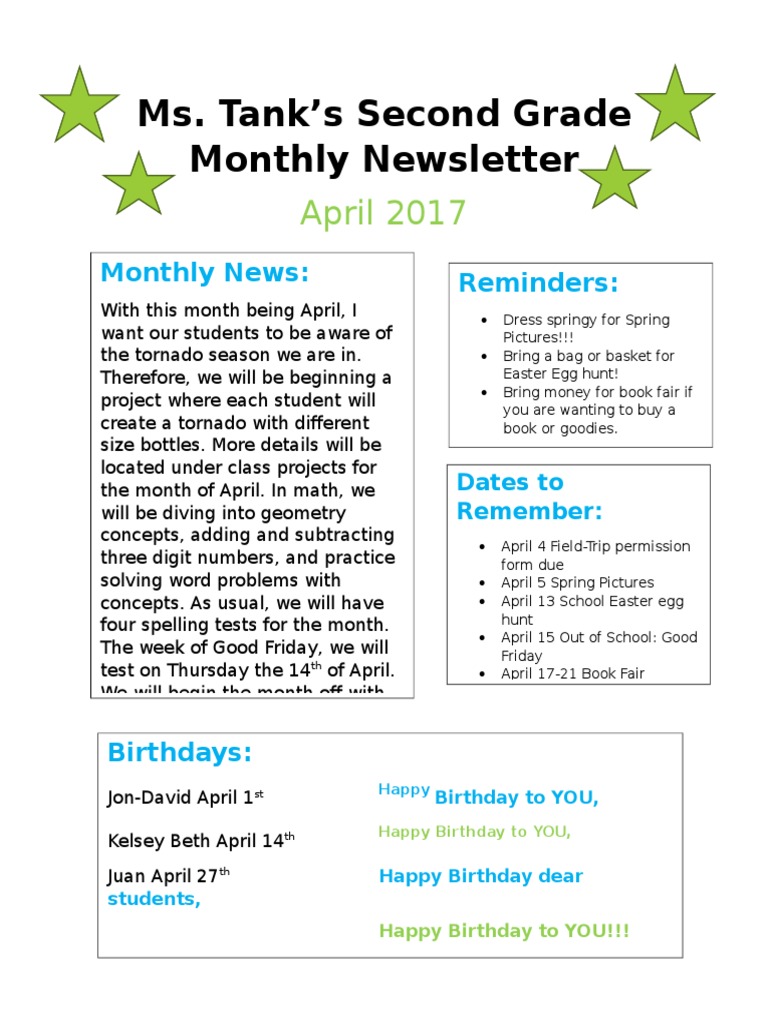 April Newsletter for Ms. Tank's Class | PDF