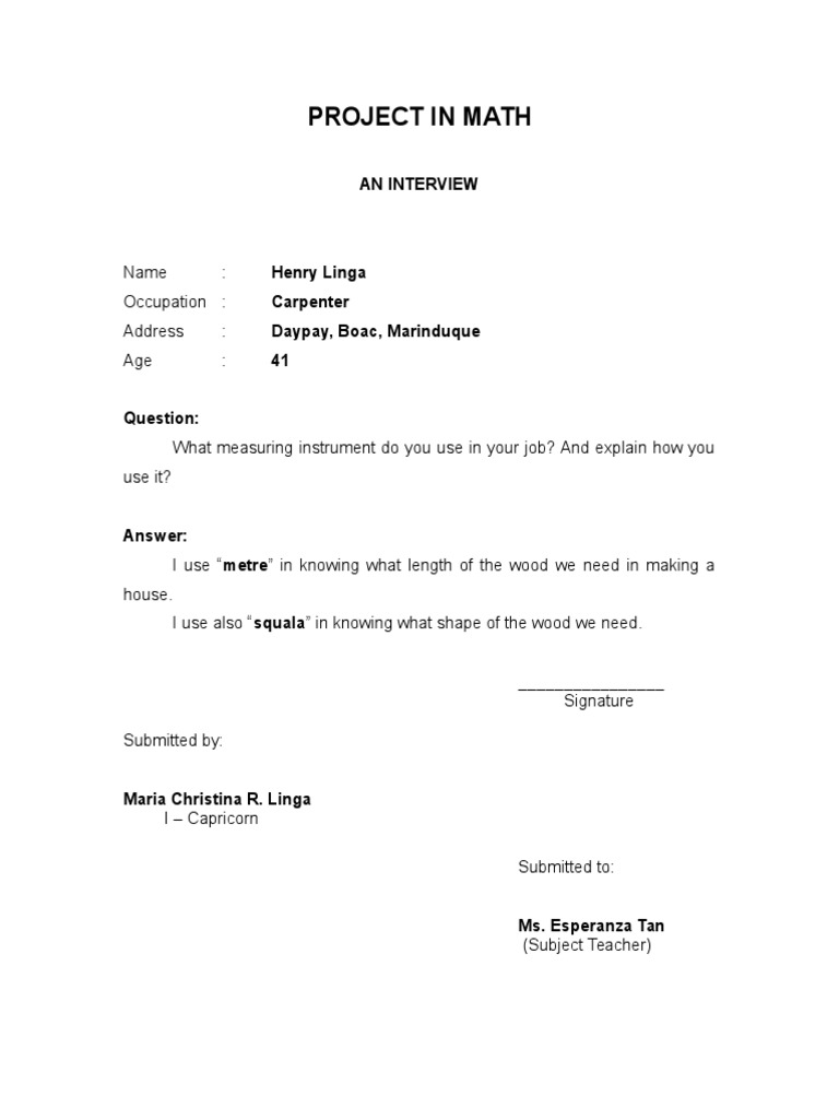 Mathematics Project Interview: Carpenter Insights | PDF