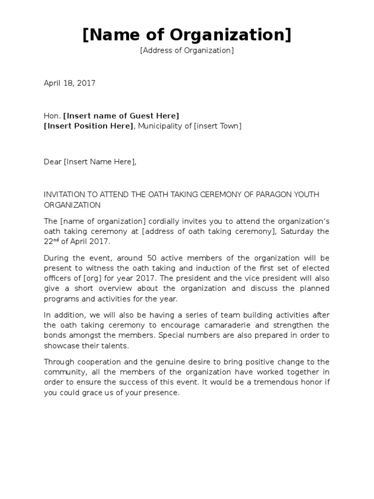  Invitation Letter to Guests - Oath Taking