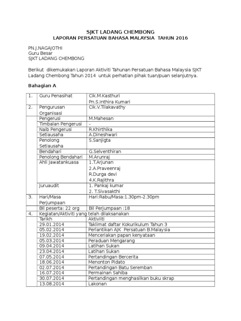 Laporan Tahunan Persatuan Bahasa Malaysia Sjkt Ladang Chembong Pdf