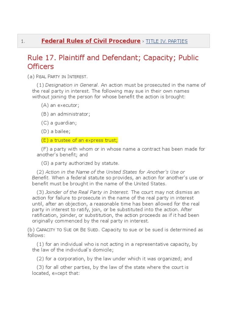 Express Trust Rule 17 Real Party of Interest Federal Rules of Civil Procedure PDF Joinder