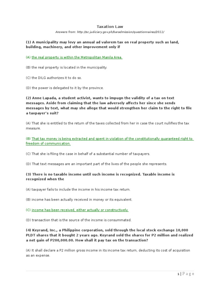 TaxationLawBarExamQuestions2011Answers.docx Taxation In The