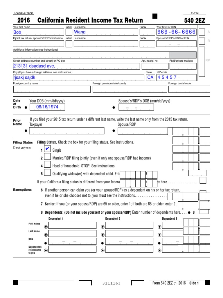 2016 california resident tax return form 540 2ez Earned