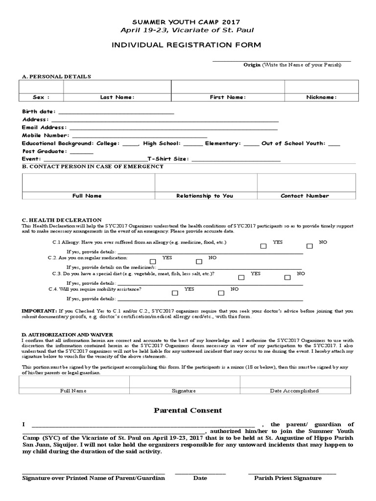 SUMMER YOUTH CAMP 2017 Individaul Form and Parental | PDF | Social ...