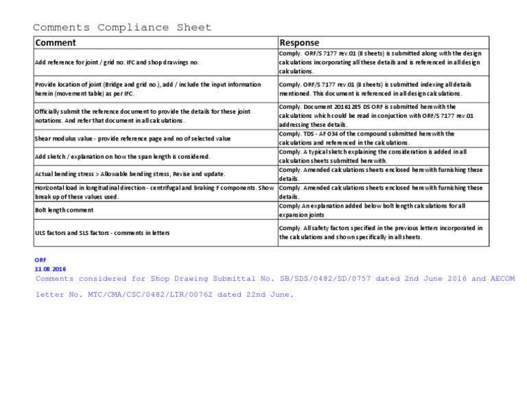 Comment Compliance Sheet | PDF | Mechanical Engineering | Building ...