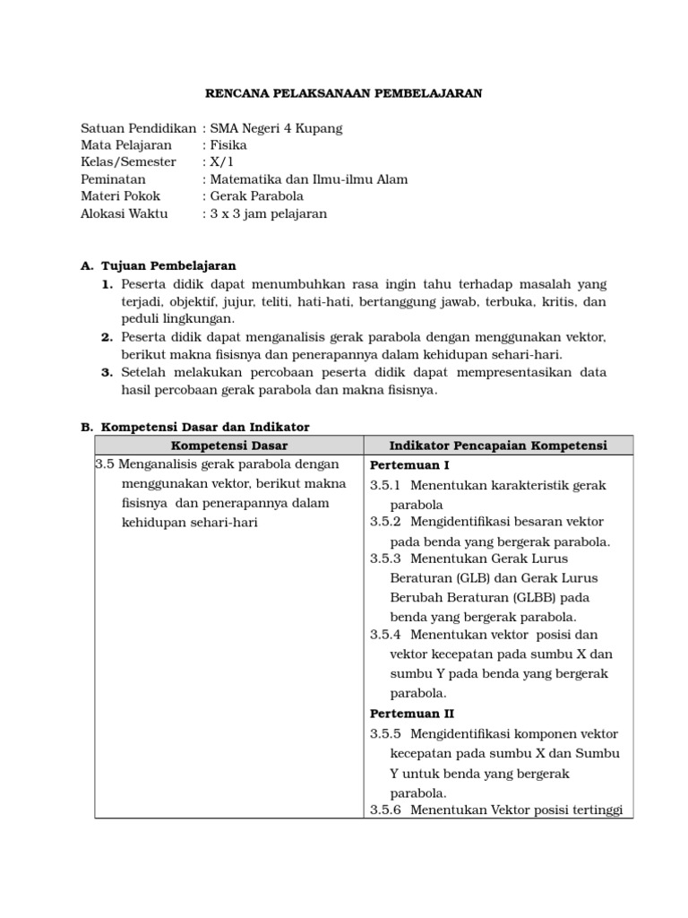 Rencana Pelaksanaan Pembelajaran Gerak Parabola
