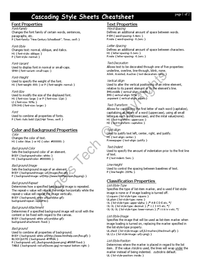 CSS Cheat Sheet | PDF | Typefaces | Cascading Style Sheets